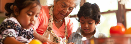 a Hispanic retired woman teaching grandchildren traditional cooking recipesの素材