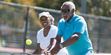 an African American retired couple playing tennis at a community centerの素材
