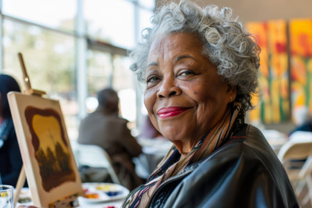 an African American retired woman attending a painting and wine eventの素材