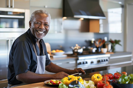 an African American retired man cooking a gourmet meal in a modern kitchenの素材