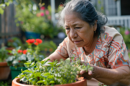 a Hispanic retired woman taking care of her herb gardenの素材