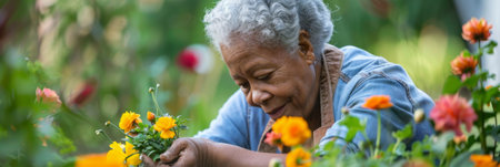 an African American retired woman arranging flowers in her gardenの素材
