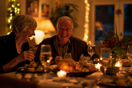 a Caucasian retired couple hosting a themed dinner party at their homeの素材