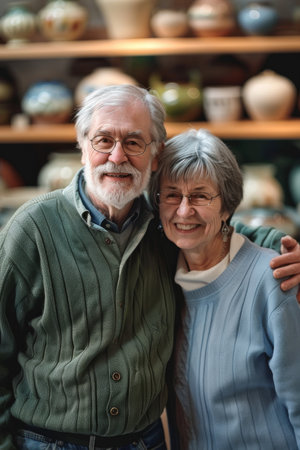 a Caucasian retired couple attending a pottery exhibitionの素材