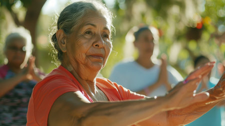 a Hispanic retired woman leading a fitness class for seniorsの素材