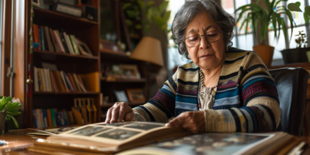 a Hispanic retired woman creating a scrapbook of family memoriesの素材