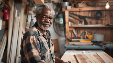 an African American retired man woodworking in his home workshopの素材