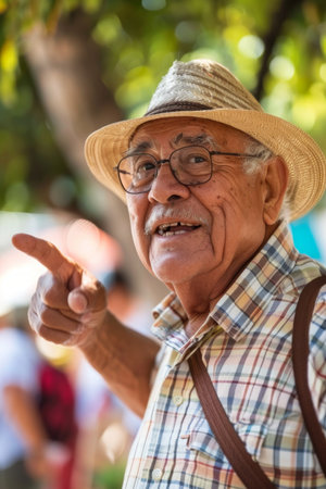 a Hispanic retired man volunteering as a tour guide at a museumの素材