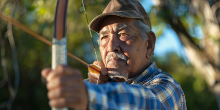 a Hispanic retired man practicing archery in his backyardの素材