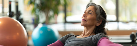 a Hispanic retired woman doing Pilates in a home studioの素材