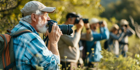 a Caucasian retired man hiking with a photography group, capturing nature shotsの素材