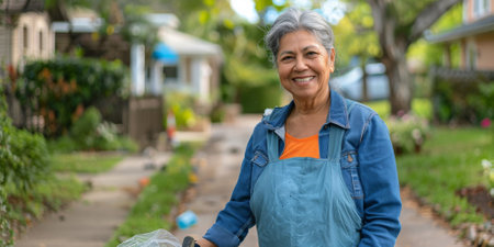 a Hispanic retired woman organizing a neighborhood cleanupの素材