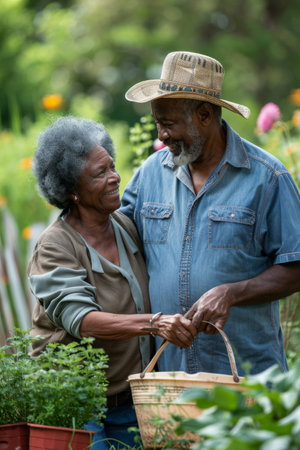 an African American retired couple gardening together in their backyardの素材