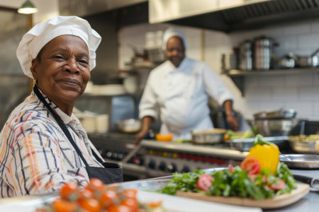 an African American retired woman taking a cooking workshop with a famous chefの素材