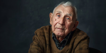 a Caucasian elderly person with a serene expression on a studio backgroundの素材