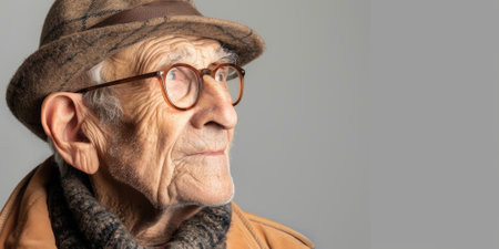 a Caucasian elderly person looking wise on a studio backgroundの素材