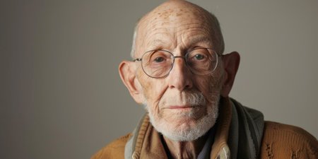 a Caucasian elderly person with a kind expression on a studio backgroundの素材