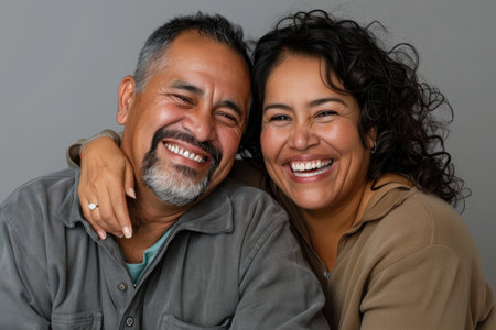a Hispanic couple laughing together on a studio backgroundの素材