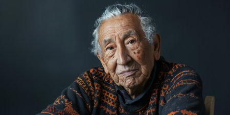 a Hispanic elderly person with a serene expression on a studio backgroundの素材
