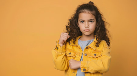 a Hispanic girl showing determination on a beige studio backgroundの素材