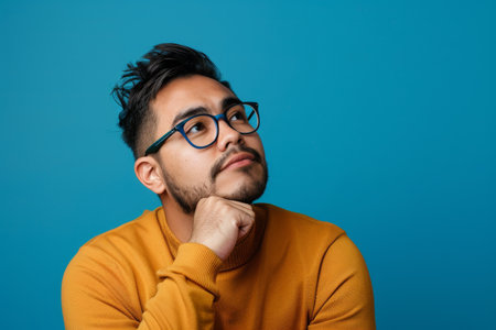 a Hispanic man looking thoughtful on a blue studio backgroundの素材