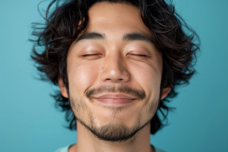 a Japanese man expressing contentment on a studio backgroundの素材