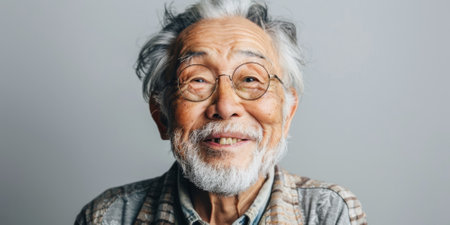 a Japanese elderly person with a kind expression on a studio backgroundの素材