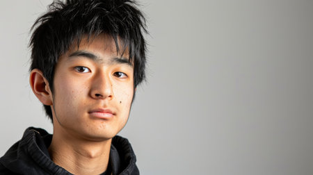 a Japanese teenager looking determined on a studio backgroundの素材