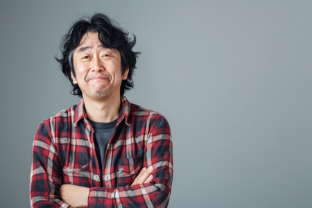 a Japanese man expressing contentment on a studio backgroundの素材