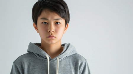 a Japanese teenager looking determined on a studio backgroundの素材