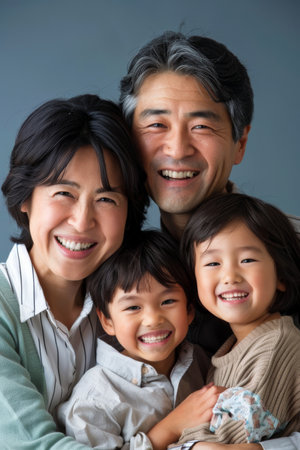 a Japanese family smiling together on a studio backgroundの素材