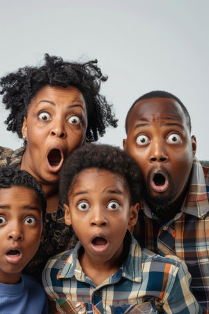 an African American family looking surprised on a studio backgroundの素材