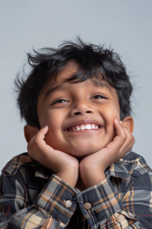 an Indian child feeling amused on a studio backgroundの素材