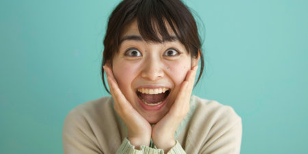 a Japanese woman showing excitement on a studio backgroundの素材