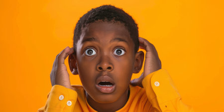 an African American boy expressing fear on a studio backgroundの素材