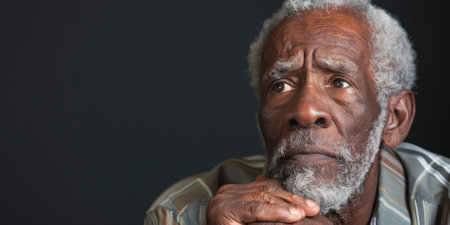 an African American elderly person with a thoughtful expression on a studio backgroundの素材