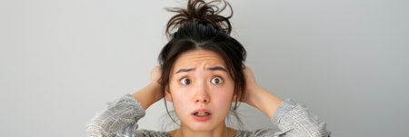 a Japanese woman showing disbelief on a studio backgroundの素材