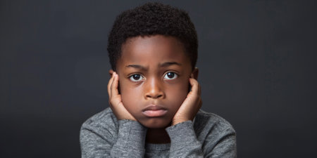 an African American boy expressing sadness on a studio backgroundの素材