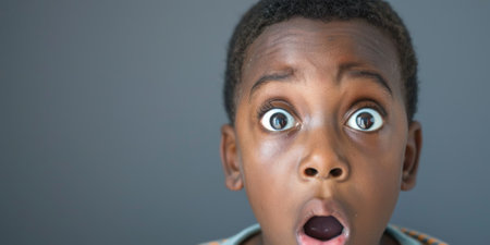 an African American boy expressing fear on a studio backgroundの素材
