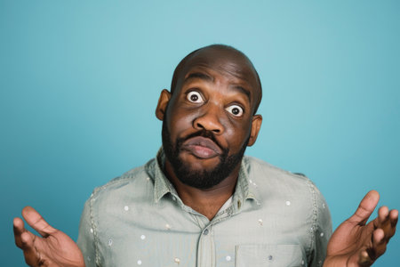 an African American man showing confusion on a studio backgroundの素材