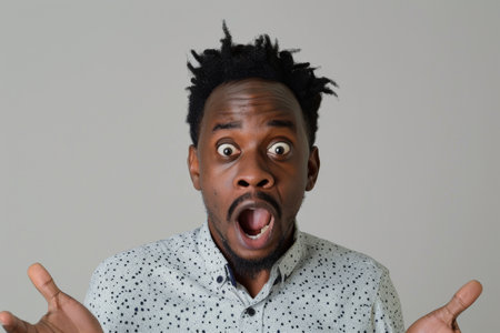 an African American man showing surprise on a studio backgroundの素材