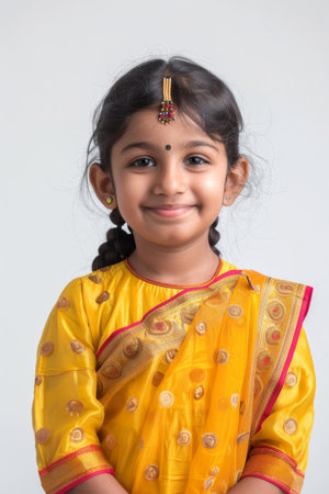 an Indian child feeling proud on a studio backgroundの素材