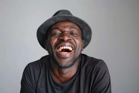an African American man expressing happiness on a studio backgroundの素材