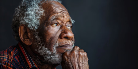 an African American elderly person with a thoughtful expression on a studio backgroundの素材