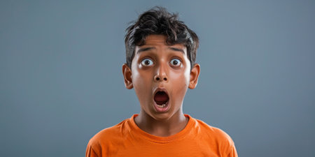 an Indian boy expressing fear on a studio backgroundの素材