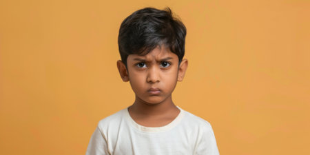 an Indian boy expressing sadness on a studio backgroundの素材