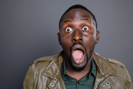 an African American man showing surprise on a studio backgroundの素材