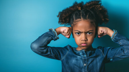 an African American girl showing determination on a studio backgroundの素材
