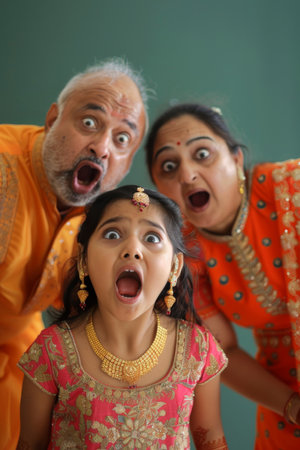 an Indian family looking surprised on a studio backgroundの素材