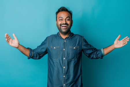 an Indian man expressing happiness on a studio backgroundの素材